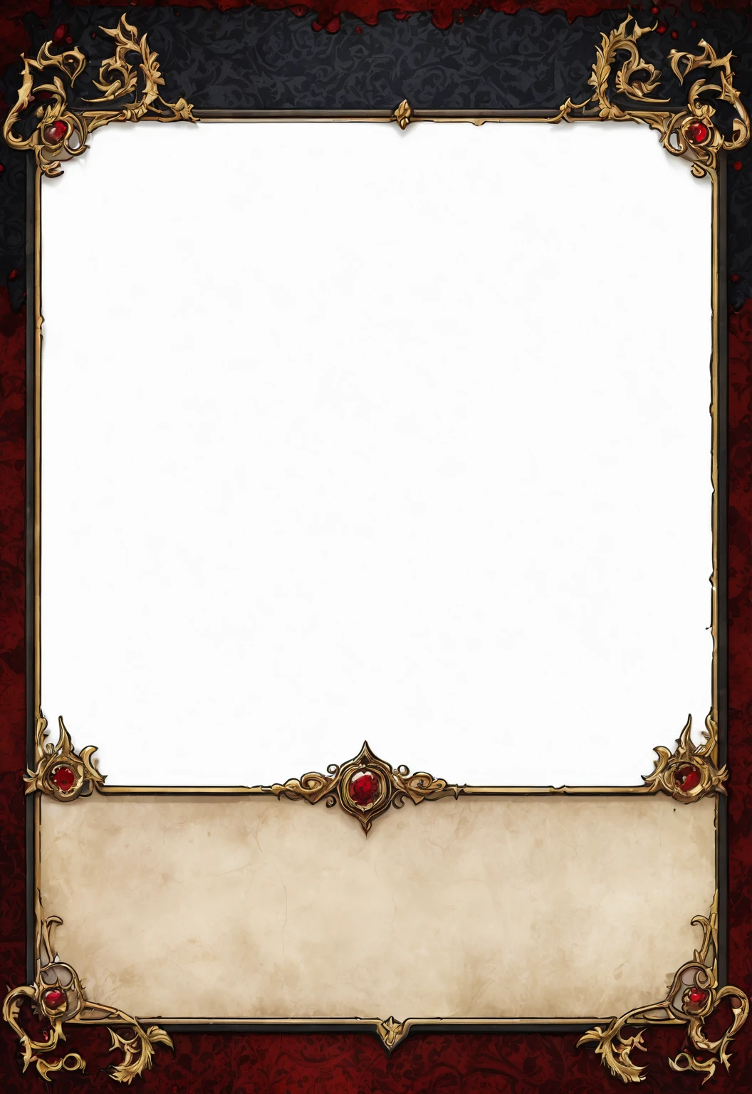 A card border UI,Medieval European aristocracy design,Dark Style,There are blood stains on the parchment backing.。