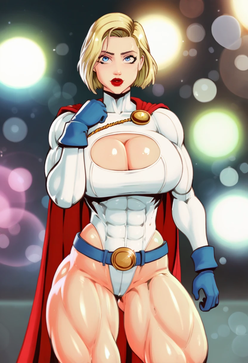 straight-on,pose,looking at viewer,solo, BREAK, CARTOON_DC_powergirl_ownwaifu, www.ownwaifu.com, breasts, blonde hair, blue eyes, large breasts, short hair, lips, thighs, makeup, lipstick, muscular, muscular female, thick thighs, huge breasts, red lips, groin, curvy, cleavage, cleavage cutout, clothing cutout, superhero, belt, blue gloves, red cape, white leotard, highleg leotard, highleg, loose belt, turtleneck, official art,extremely detailed CG unity 8k wallpaper, perfect lighting,Colorful, Bright_Front_face_Lighting,shiny skin, (masterpiece:1.0),(best_quality:1.0), ultra high res,4K,ultra-detailed, photography, 8K, HDR, highres, (absurdres:1.2), Kodak portra 400, film grain, blurry background, (bokeh:1.2), lens flare, (vibrant_color:1.2),professional photograph, (beautiful_face:1.5),