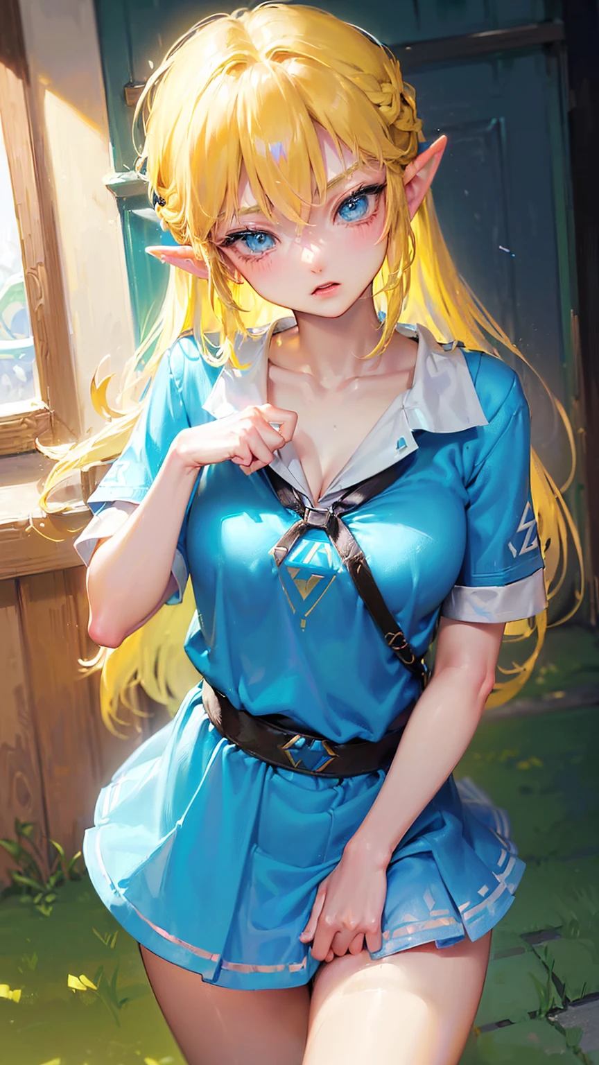 (((link(the legend of the zelda))),((gender bender,yellow hair,blue_eyes,cowboy shot,hair between eyes)),((link(the legend of the zelda) is a milf and bimbo and slutty,school uniform))