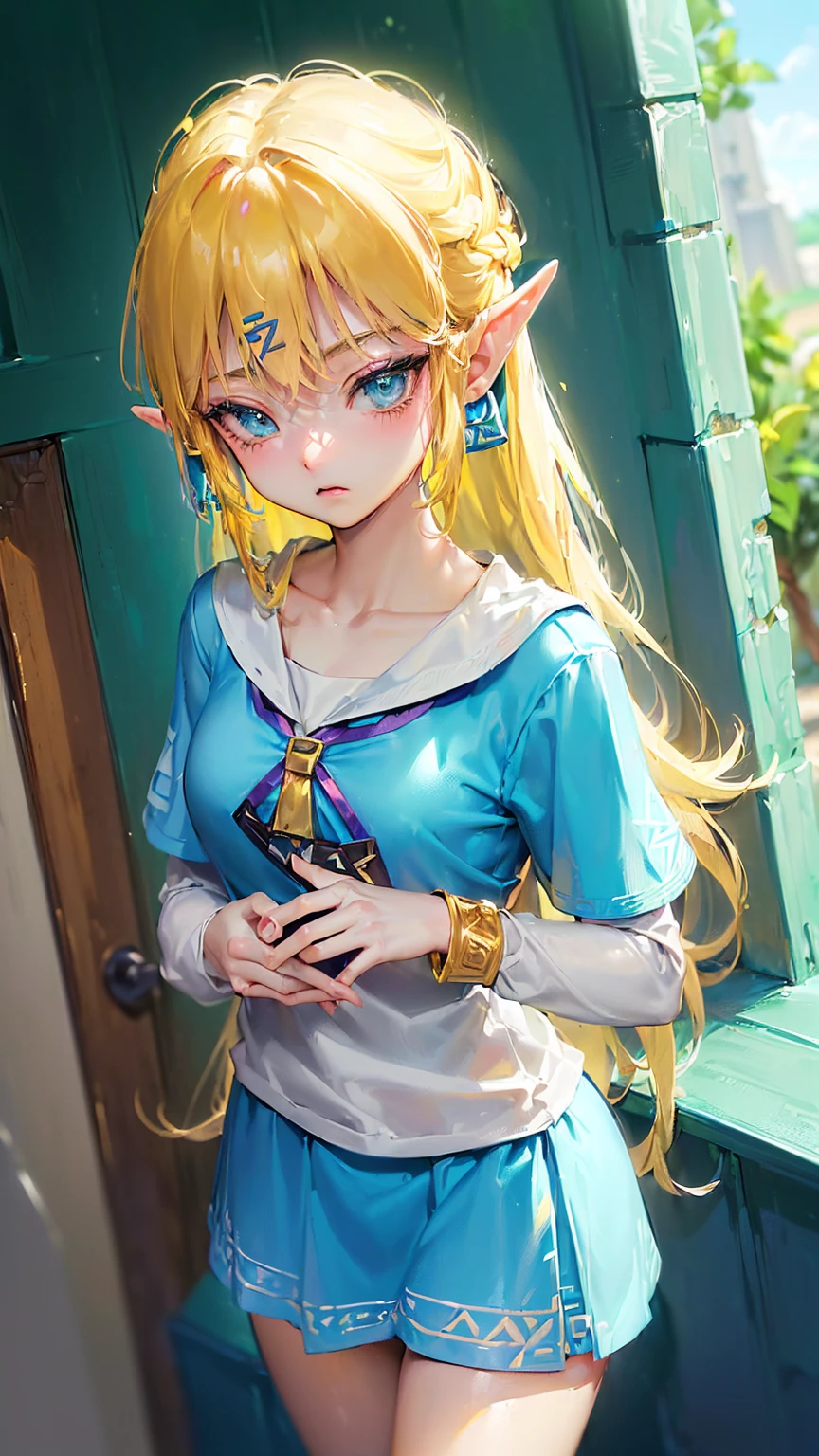 (((link(the legend of the zelda))),((gender bender,yellow hair,blue_eyes,cowboy shot,hair between eyes)),((link(the legend of the zelda) is a milf and bimbo and slutty,school uniform))