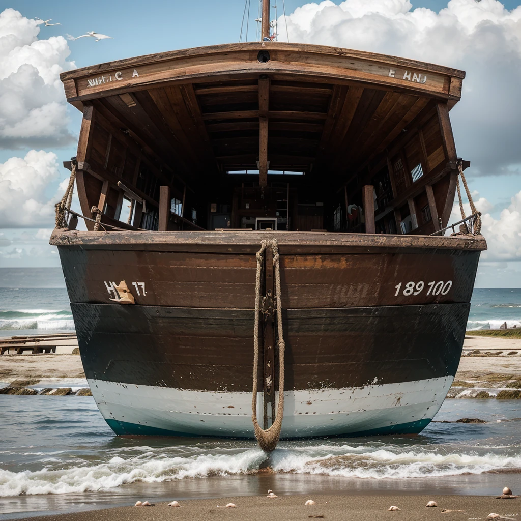 A big wooden fishing boat with fishing net oneside, at the beach sad, back ground with an ocean with clouds and white birds