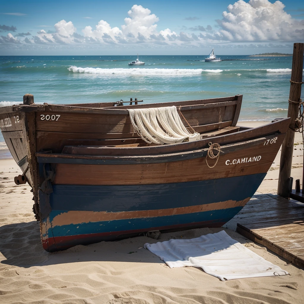 A big wooden fishing boat with fishing net oneside, at the beach sad, back ground with an ocean with clouds and white birds