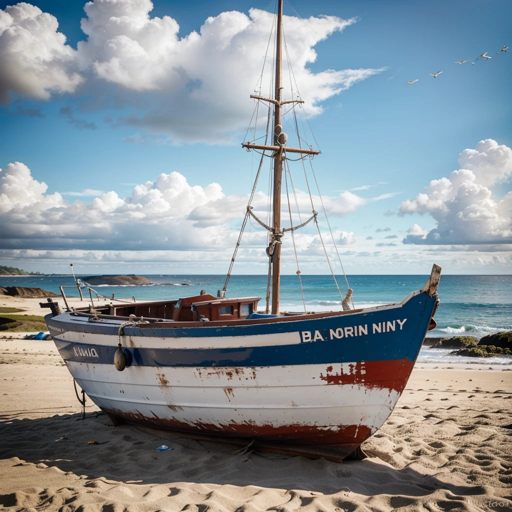 A big wooden fishing boat with fishing net oneside, at the beach sad, back ground with an ocean with clouds and white birds