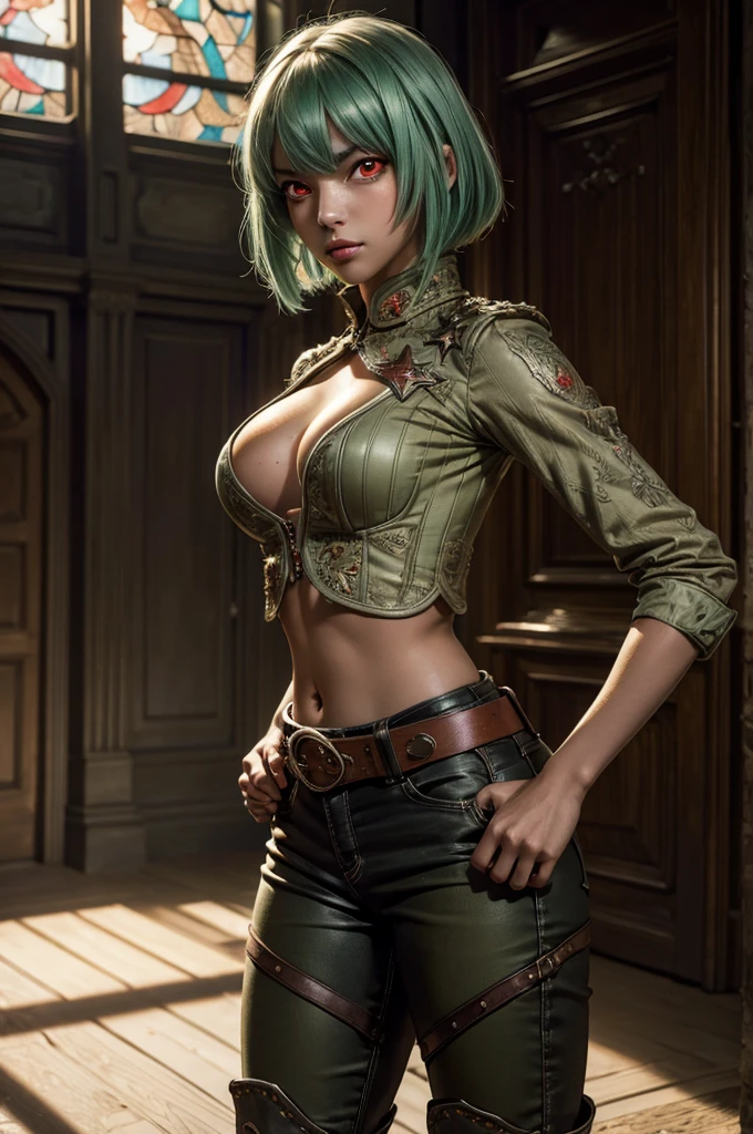 emeraldsustrai, emerald sustrai, short hair, (red eyes:1.5), green hair, dark skin, dark-skinned female, BREAK navel, cleavage, midriff, belt, cleavage cutout, chaps, hands on hips, BREAK inside palace, glass floor, mable pillers, tall stained glass windows, BREAK gala, crowd in military dress, (volumetric lighting),  intricate details, tonemapping, sharp focus, hyper detailed, (cowboy shot:1.5), BREAK (masterpiece:1.2), best quality, high resolution, unity 8k wallpaper, (illustration:0.8), (beautiful detailed eyes:1.6), extremely detailed face, perfect lighting, extremely detailed CG, (perfect hands, perfect anatomy),