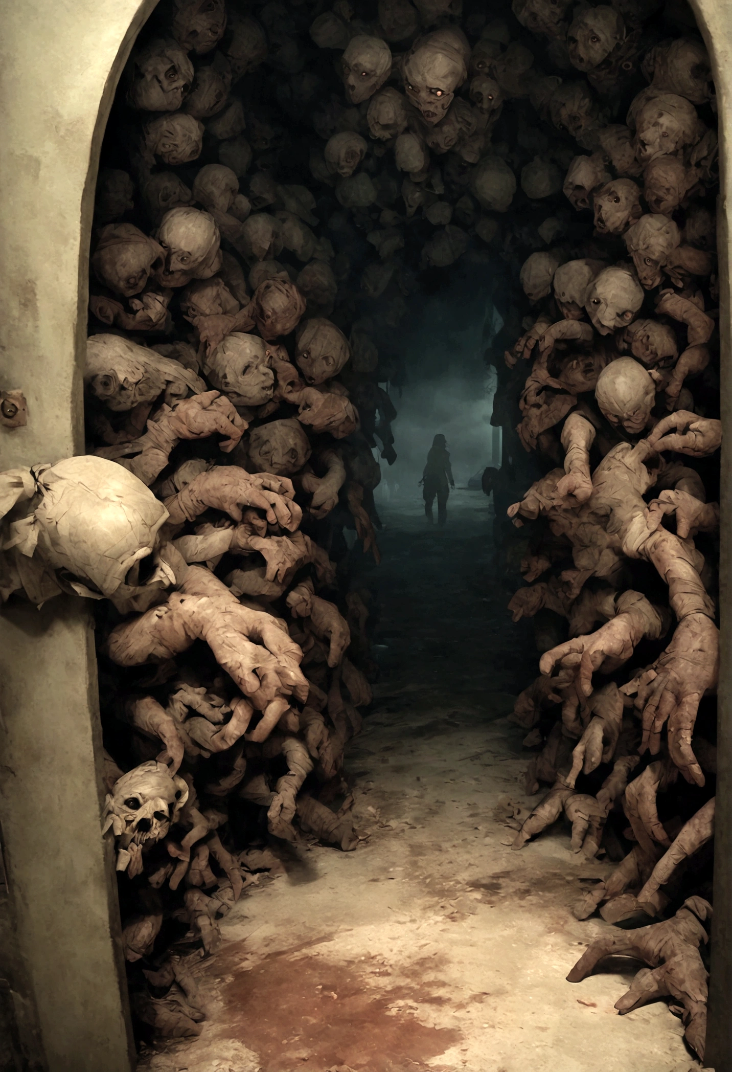 an image of a dark hallway with many hands reaching out to each other in it, six from little nightmares, little nightmares, still from animated horror movie, indie video game horror, [ horror game ], hyperrealistic nightmare scene, hand of fear, horror game, highly detailed horror dystopian, horror video game, screenshot from the game, creepy and dramatic atmosphere, light instead of hands, silent hill game, highly detailed horror, animated film still, horror game graphics, mechanical hands, illustration