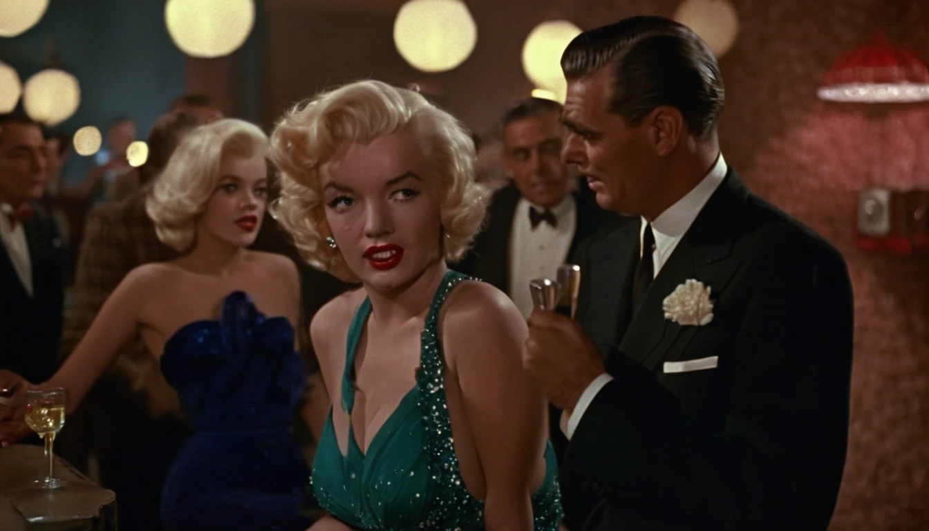 a vintage color film still of Marilyn Monroe with makeup looking at balding Clark Gable who has glasses and is clean shaving outside a hollywood matinee at night, vintage photo, , panavision, 16:9, vintage photography, haze, bokeh, glamorous composition, film still, champagne commercial, inspired by George Hurrell, steven meisel photography, very realistic film still, color