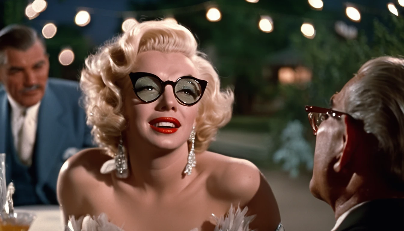 a vintage color film still of Marilyn Monroe with makeup looking at balding Clark Gable who has glasses and is clean shaving outside a hollywood matinee at night, vintage photo, , panavision, 16:9, vintage photography, haze, bokeh, glamorous composition, film still, champagne commercial, inspired by George Hurrell, steven meisel photography, very realistic film still, color