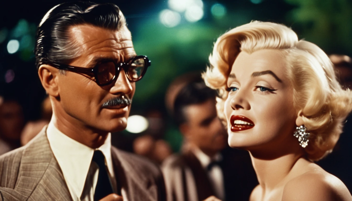 a vintage color film still of Marilyn Monroe with makeup looking at balding Clark Gable who has glasses and is clean shaving outside a hollywood matinee at night, vintage photo, , panavision, 16:9, vintage photography, haze, bokeh, glamorous composition, film still, champagne commercial, inspired by George Hurrell, steven meisel photography, very realistic film still, color