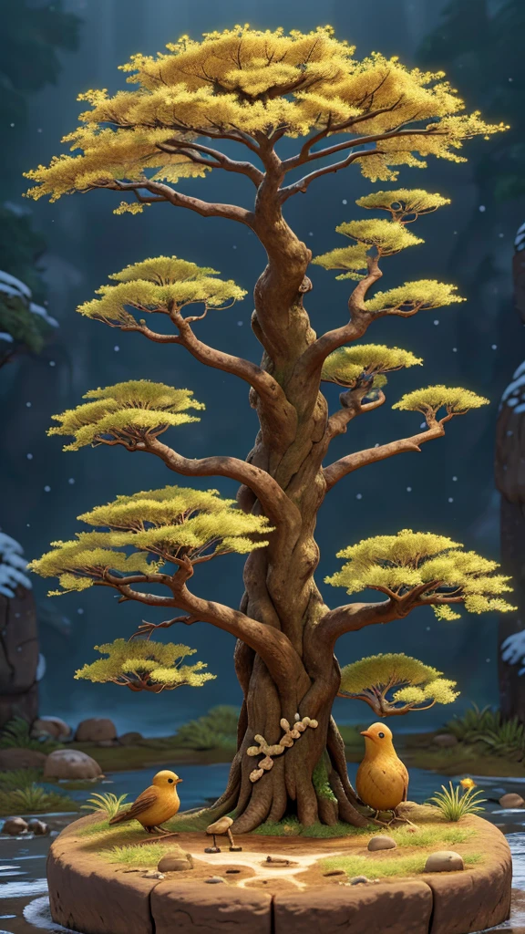 Ancient tree with golden seeds, barren land, spring rain nourishes Mimi, little bird brings water to help in drought test, flowers bloom in the snow, forest hero