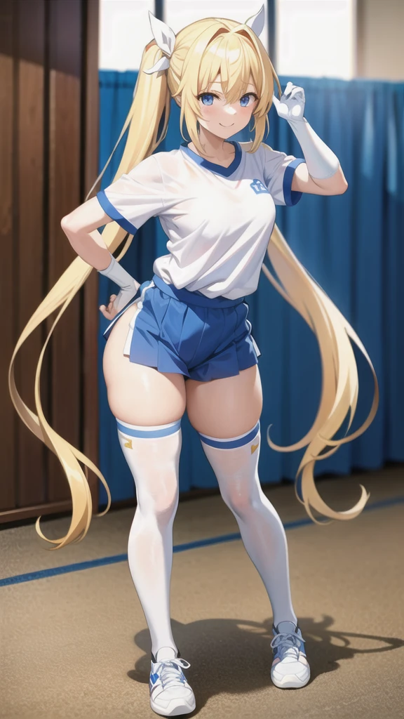 masterpiece, best quality, highres, BREAK , phyami, yamisch,  long hair, blonde hair, pony tail with white ribbon, blue eyes, white gym shirt with blue collar, blue buruma, white long elbow gloves, white thighhighs, white sneakers, playful smile, very wide shot