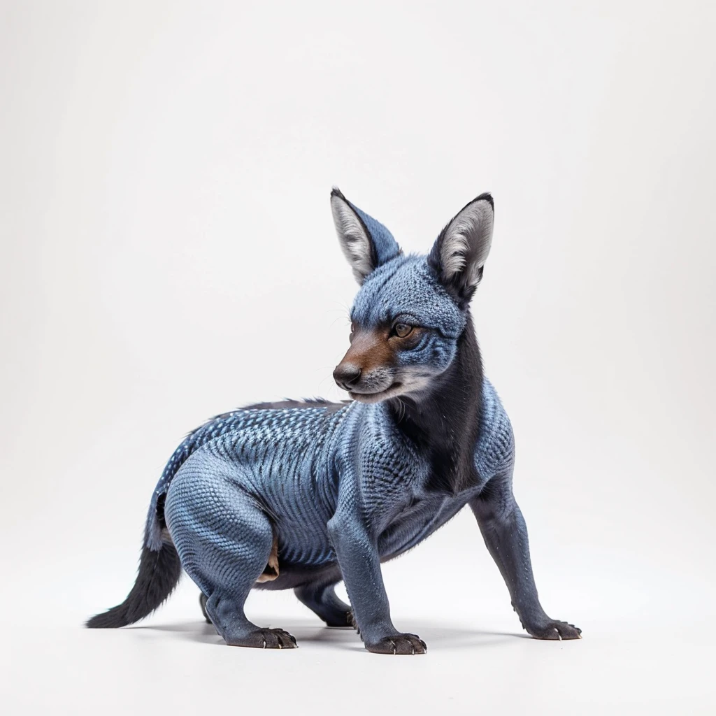 Small Animaly, black and blues colour skins, has scales, his body is shaped like a Fox but his face is like a Moose, silver colour skins, Grassroots background, (white background simpleks)