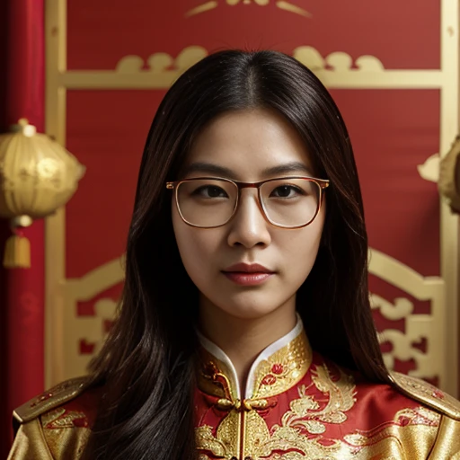 A long-haired woman wearing glasses, Araffi wearing a red and gold uniform and glasses., Empress of China, Chinese princess, Inspiration from Min Zhen, traditional chinese, Chinese style, Chinese woman, Inspired by Guo Xi, According to the style of paying homage to the family, Sazi, close-up portrait, queen of the sea Mu Yanling, Inspired by Wang Meng, Inspiration from Xu Xi, Chinese dress, Chinese girl