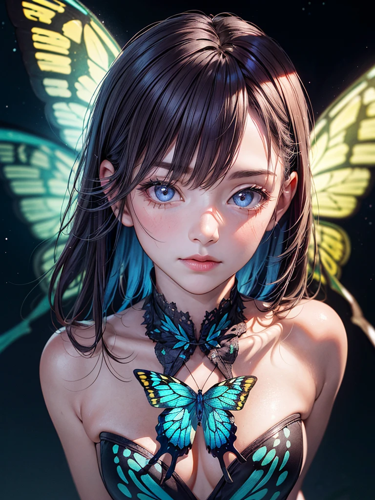 unparalleled masterpiece, ultra realistic 8k CG,masterpiece,pov,(delicate photograph,ultra_detailed,16k,raw photo:1.3),(realistic:1.9,photorealistic:1.9), beautiful detailed eyes,(((1 girl,solo,full body))), 12 years old,blue butterfly, glowing wings, masterpiece, best quality, ultra detailed, flower field, butterfly, windy, night, starry sky, butterfly wings,,butterfly wings,full body,