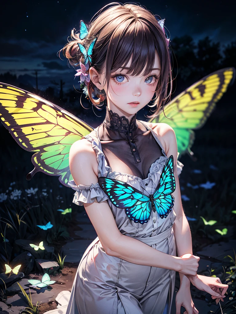 unparalleled masterpiece, ultra realistic 8k CG,masterpiece,pov,(delicate photograph,ultra_detailed,16k,raw photo:1.3),(realistic:1.9,photorealistic:1.9), beautiful detailed eyes,(((1 girl,solo,full body))), ,blue butterfly, glowing wings, masterpiece, best quality, ultra detailed, flower field, butterfly, windy, night, starry sky, butterfly wings,,butterfly wings,full body,
