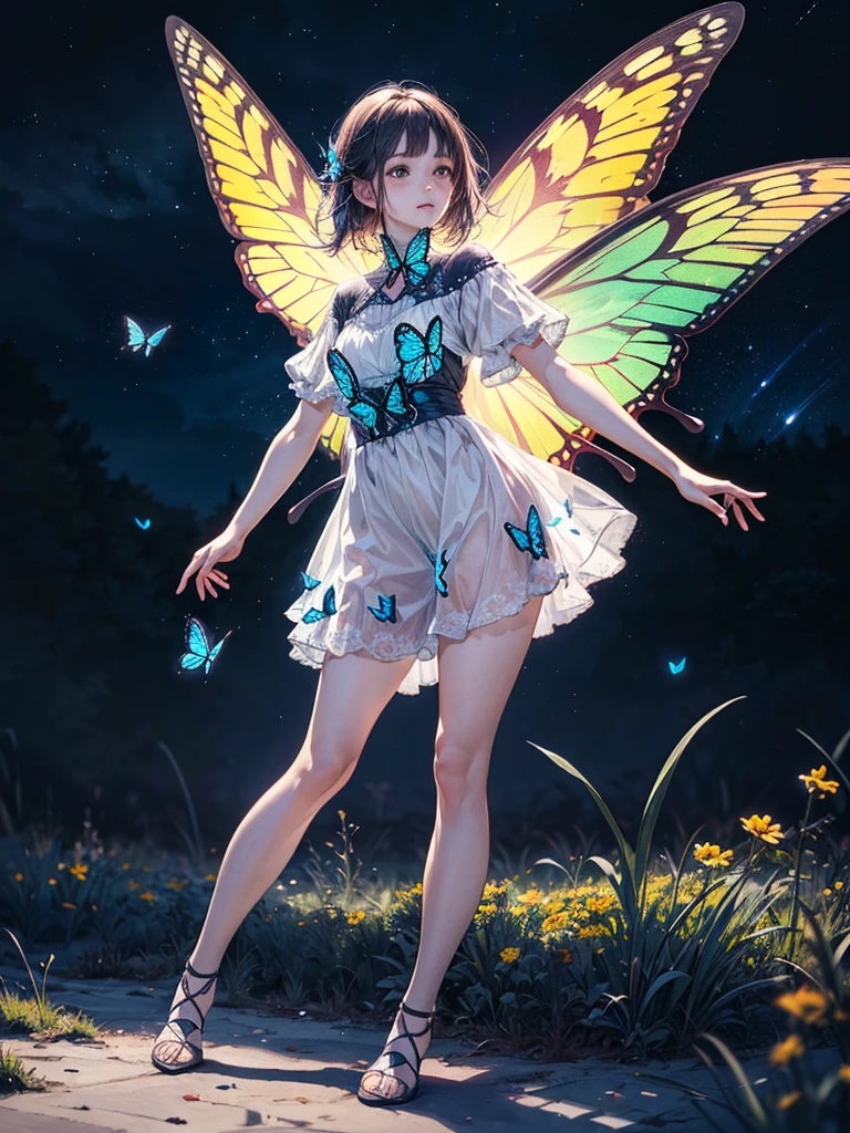 unparalleled masterpiece, ultra realistic 8k CG,masterpiece,pov,(delicate photograph,ultra_detailed,16k,raw photo:1.3),(realistic:1.9,photorealistic:1.9), beautiful detailed eyes,(((1 girl,solo,full body))), ,blue butterfly, glowing wings, masterpiece, best quality, ultra detailed, flower field, butterfly, windy, night, starry sky, butterfly wings,,butterfly wings,full body,