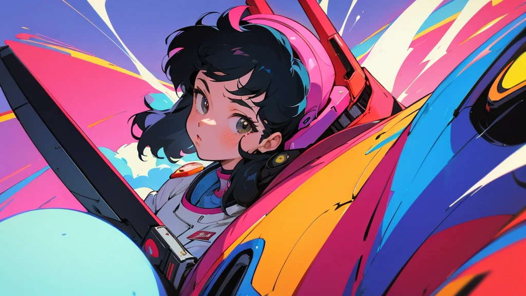 A cartoon character wearing a space suit and flying an airplane, Portrait Anime Astronaut Girl, Pilot Girl, cute Pilot Girl, Lo-fi Girl, Akira art style, Macross Style, Akira-style illustration, style of akira motion movie, M cross, Akira Vibe, Inspired by Josan Gonzalez, Lofi Art, Admire the art style, 80s anime art style,girl,Shortcuts