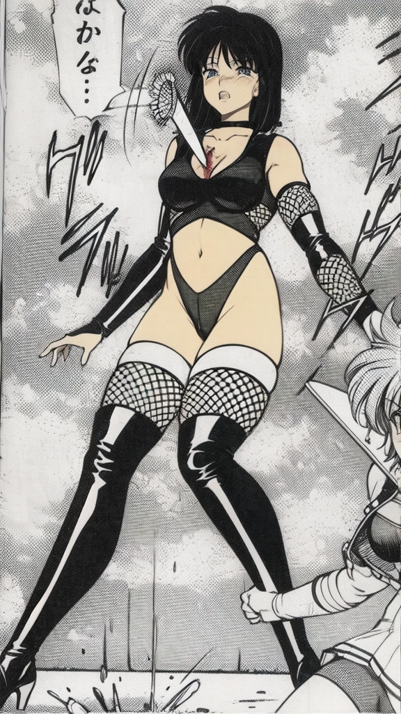 Female Combatant、Japanese girl、Close-up of a girl in a black leotard、Black glossy leotard、Black fishnet stockings、Black shiny boots、Saiyan Girl, wonderful, Nano Girl, Female body type, Inspired by Hiromu Arakawa, Anime Manga Robot!! Anime Girls, Fubuki, Full Body Suit, by Hiromu Arakawa、wonderful, silk, Beautiful and attractive anime , Anime Girls of the future, tears,Drooling,Pee,Sweat,Tongue out,incontinence,Peeing、Estrus、Eyes wide open,Estrus,Blushing,Nipples are erect,Face is hot、Lust、incontinence、Armpit Hair、pubic hair、Nipples are erect、My crotch is wet、Knife in the chest、Blood in chest、Doomsday Demon、Pleading for your life