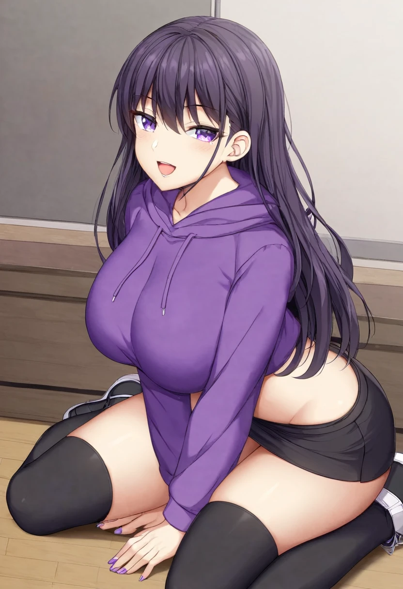 In a purple hoodie、Wearing a black short skirt、Wearing black socks、wearing black shoes。hair is black、Purple eyes。Breasts are K cup。The skin is white and、Long hair。Has one brother and one sister。My sister has an E cup。All in purple hoodies。All hair is black。My brother is wearing black pants.。