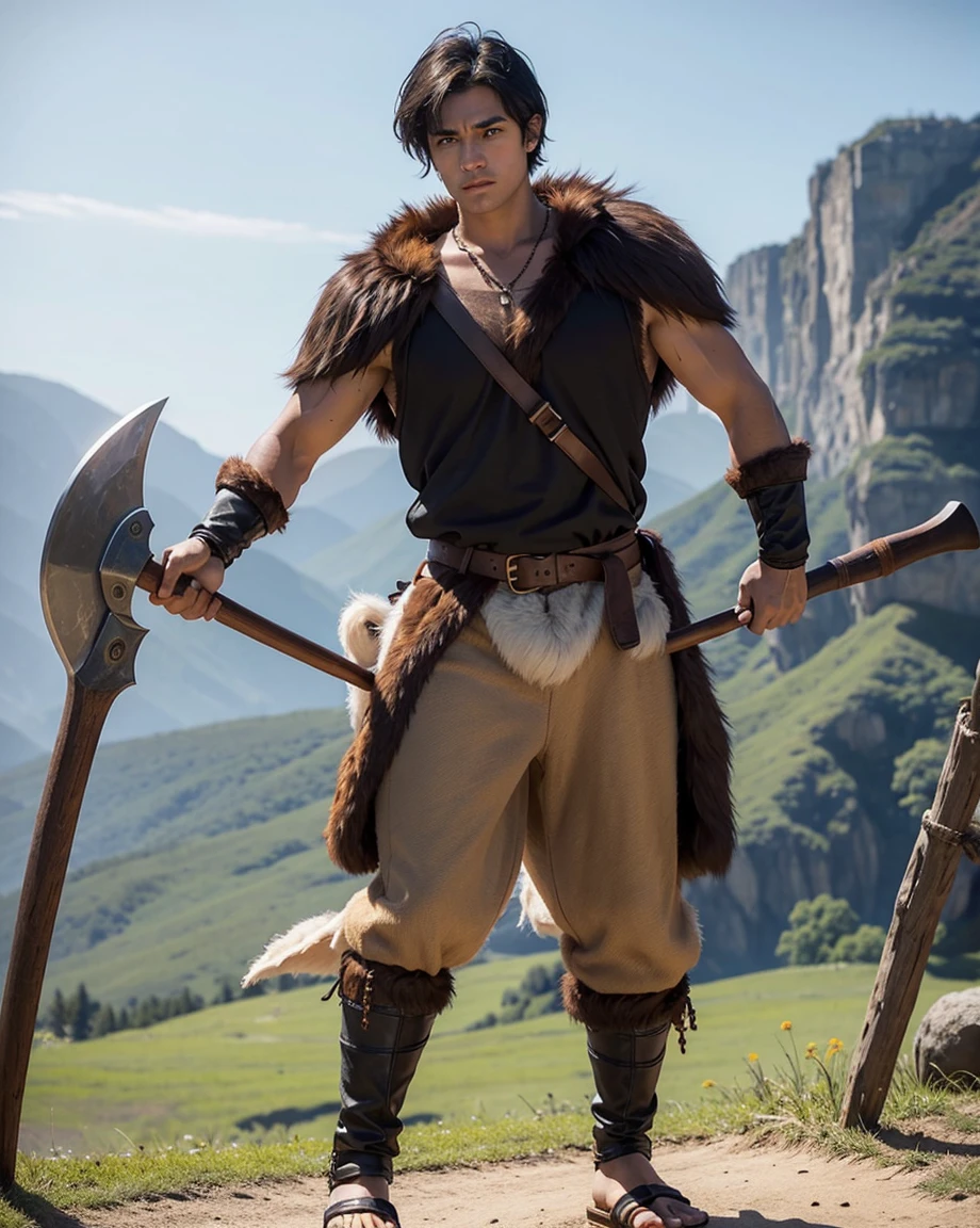 Youth with short black hair and brown eyes, fair skin and clean-shaven, dressed in short orange medieval barbarian fur tunic and trousers, weilding giant axe, sandals; fullbody; short hair, masculine, athletic