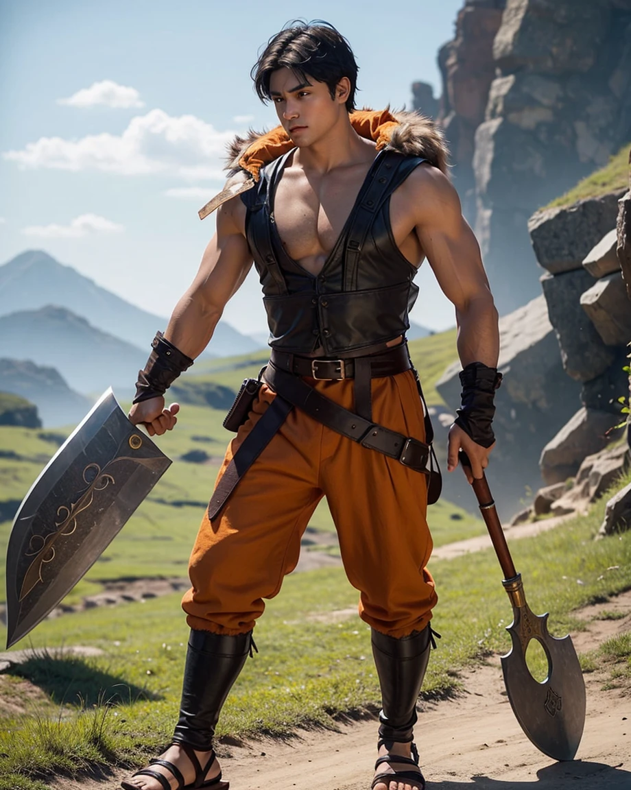 Youth with short black hair and brown eyes, fair skin and clean-shaven, dressed in short orange medieval barbarian fur tunic and trousers, weilding giant axe, sandals; fullbody; short hair, masculine, athletic