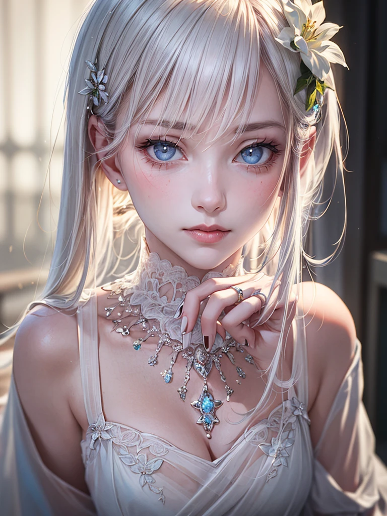 unparalleled masterpiece, ultra realistic 8k CG,masterpiece,pov,(delicate photograph,ultra_detailed,16k,raw photo:1.3),(realistic:1.9,photorealistic:1.9), beautiful detailed eyes,(((1 girl,solo,full body))), 16 years old,blue eyes, long hair, white hair, white dress, flower, camellia, jewelry, nail polish, ring, hair ornament, flower ornaments, white nails, White hell,