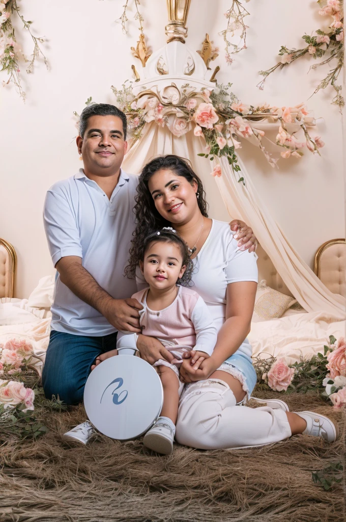 there is a man and a woman sitting on a bed with a baby, family photography, retrato de familia de tres, retrato de 70 mm, home photography portrait, retrato de 60 mm, portrait photo of a backdrop, retrato familiar, familia feliz, retrato detallado, retrato de alta calidad, imagen interior, retrato de estudio, retrato de 50 mm, Full body photography, foto de retrato