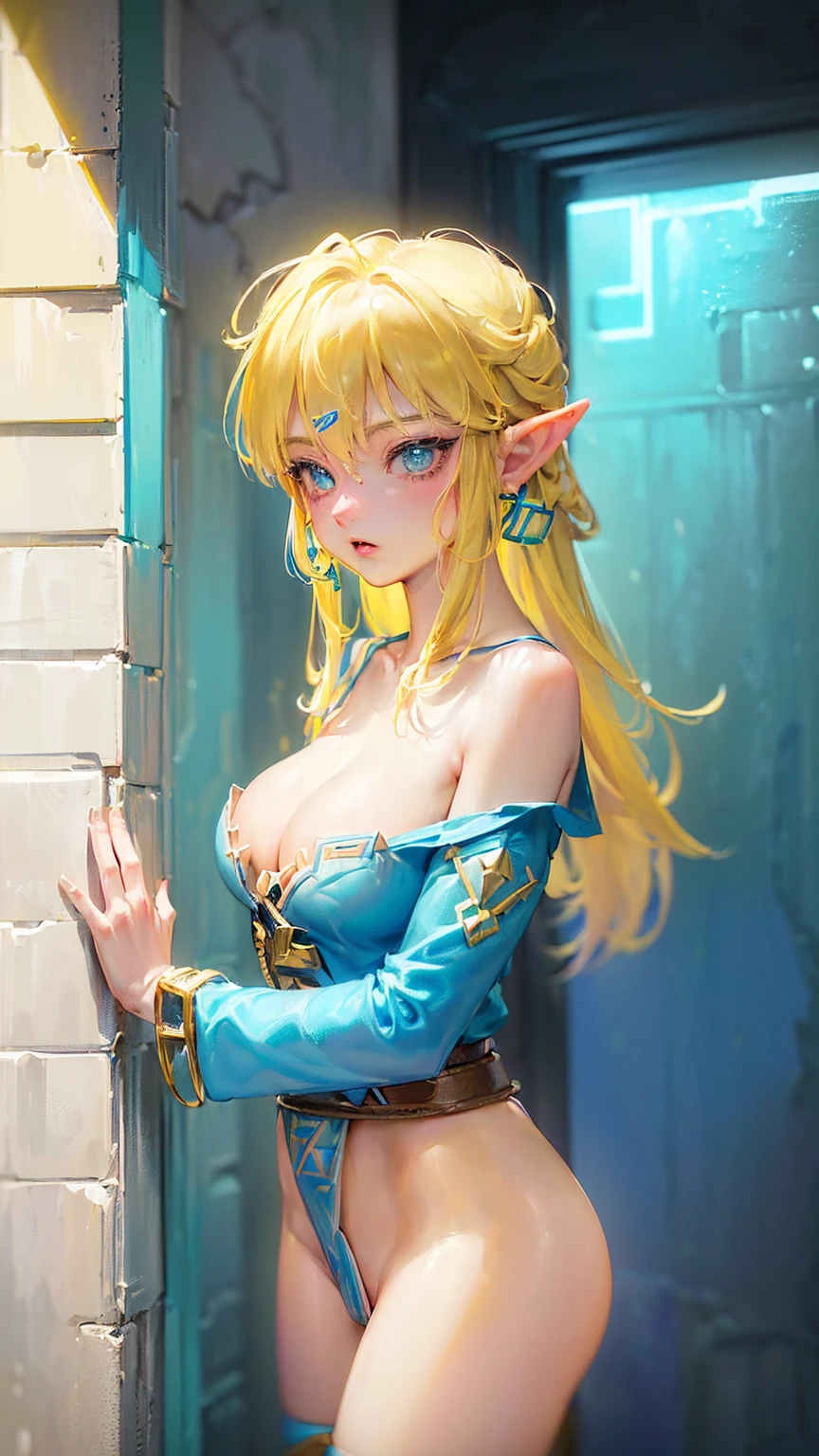 (((link(the legend of the zelda))),((gender bender,yellow hair,blue_eyes,cowboy shot,hair between eyes)),((link(the legend of the zelda) is a milf and bimbo and slutty,20 years old))