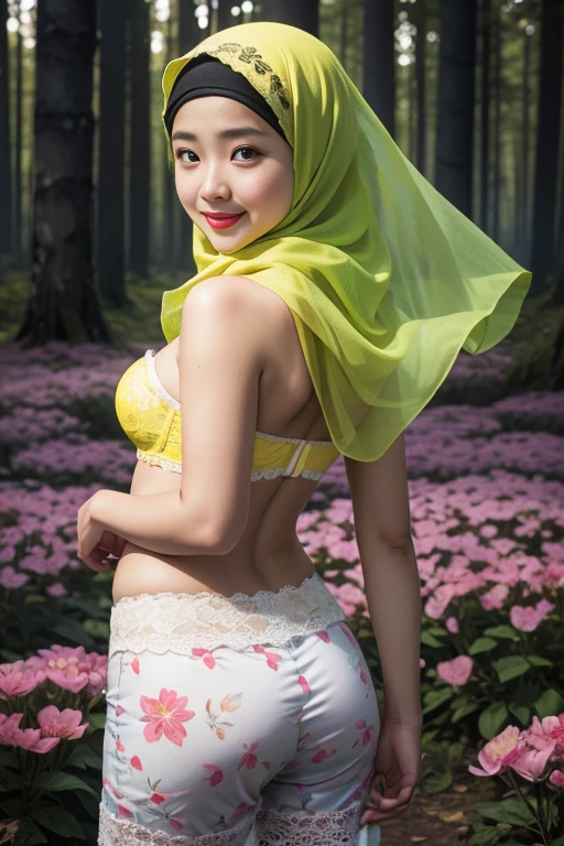 (((CHUBBY))), Lace, (Happy smile), (((HIJAB MALAY GIRL))), masutepiece, High quality, UHD 32K, Realistic face, Realistic skin feeling , A Japanese Lady, , , Very cute and baby-like face, (((FLAT CHEST))), (Night time at forest), ((look In front at the camera and SADNESS)), (((FLUORESCENCE))), (((CUTE GIRL))), ((YELLOW LIPS)), ((Floral Pattern)) little wearing strapless bra, strapless colorful bra, dark night horror scary place (from behind up) seductive pose, a very fluorescent green atmosphere