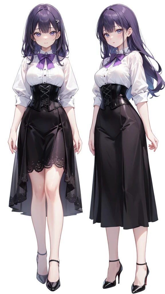 Purple Hair,Super long hair with volume,Adult female,(suit),White Y-shirt,((Rolling up his sleeves)),(corset),(Black skirt),(Slim silhouette skirt),(High heels),Heels are visible,((Simple white background)),smile,((whole body)),((full body)),Character Sheet,
