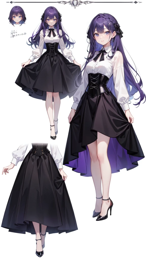 Purple Hair,Super long hair with volume,Adult female,(suit),White Y-shirt,((Rolling up his sleeves)),(corset),(Black skirt),(Slim silhouette skirt),(High heels),Heels are visible,((Simple white background)),smile,((whole body)),((full body)),Character Sheet,