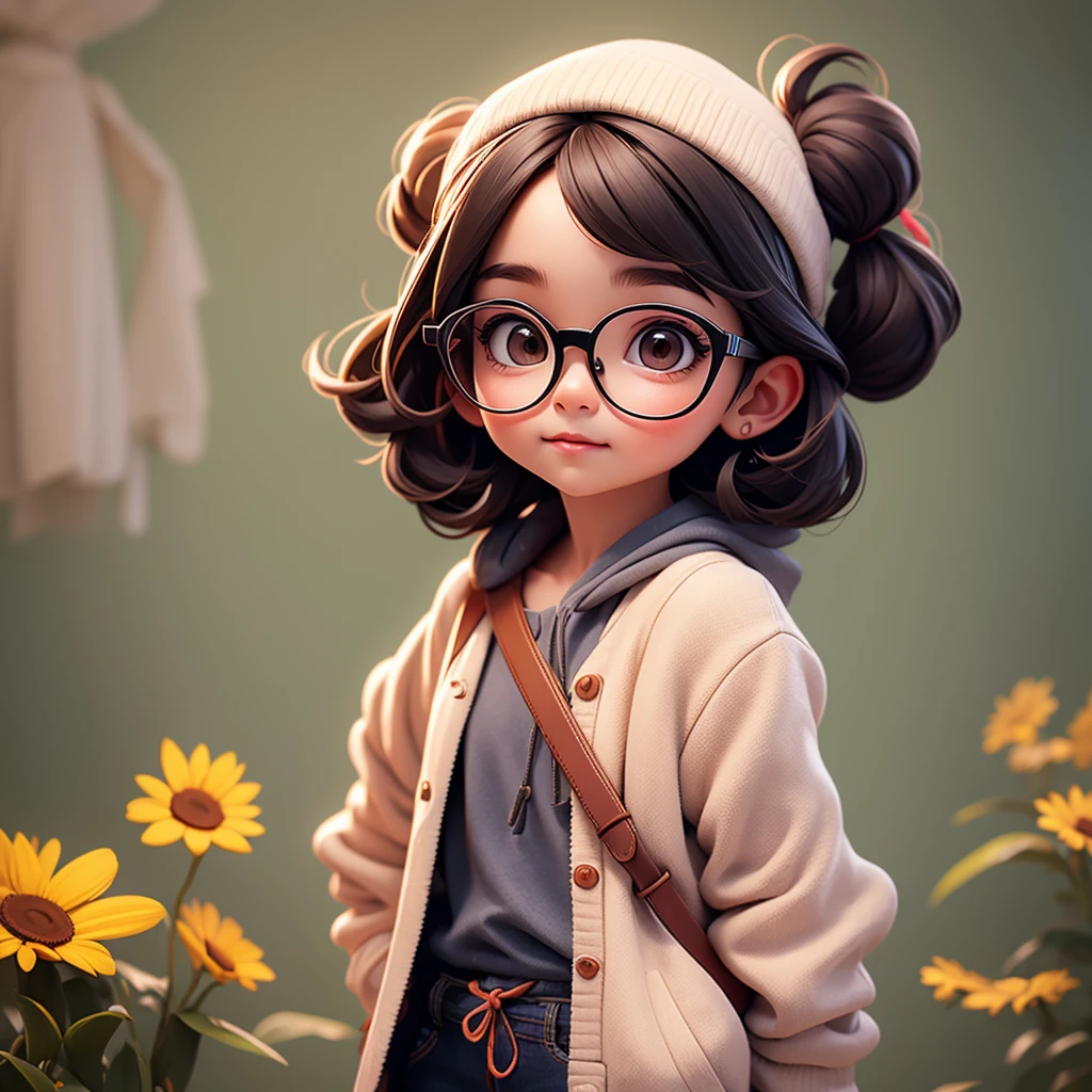 Cute young girl, wearing glasses, shoulder-length hair tied in a knot,