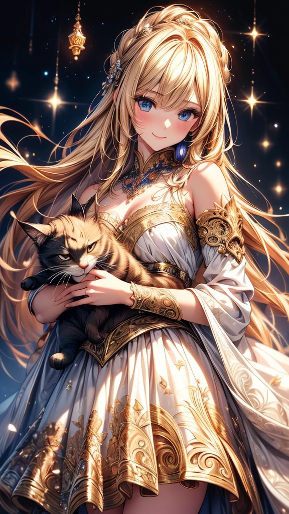 ((highest quality)),(Ultra-high resolution),(Very detailed),(Detailed Description),((The best CG)),(masterpiece),Ultra-precise art,Amazing drawing art,(Fantasy art with intricate detail:1.5), Pray to the stars, storm、Very detailedな CG Unity 8k 壁紙, Cute single girl, 27 blonde girl, beautiful girl, Hot Maiden, White skin (超masterpiece, Beautiful person, well detailed face polluted smilee, Realistic, Surreal), 、Girl holding cute brown striped cat in her arms, (Lighting)、smile,Upper Body 、Flat Chest