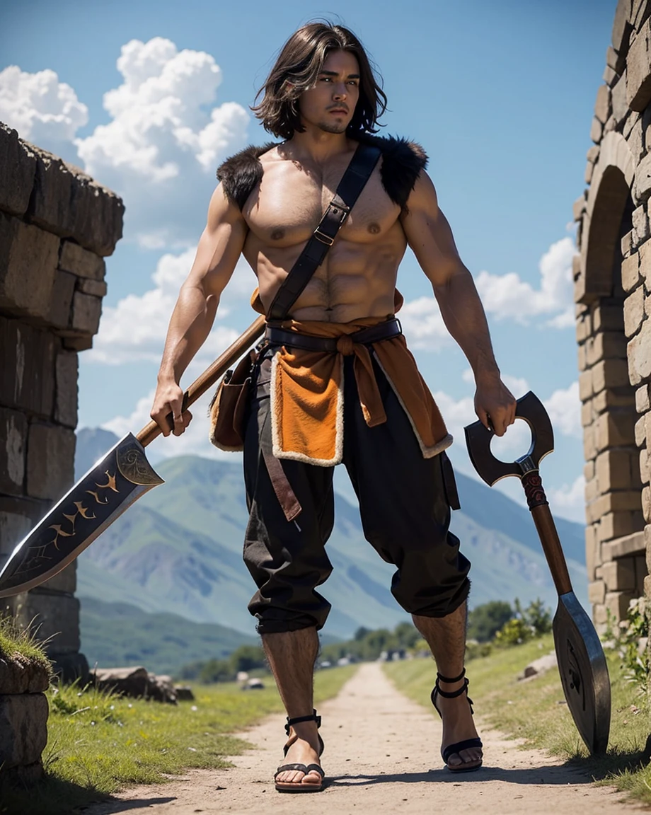 Youth with short black hair and brown eyes, fair skin and clean-shaven, dressed in short orange medieval barbarian fur tunic and trousers, weilding giant axe, sandals; fullbody; short hair, masculine, athletic