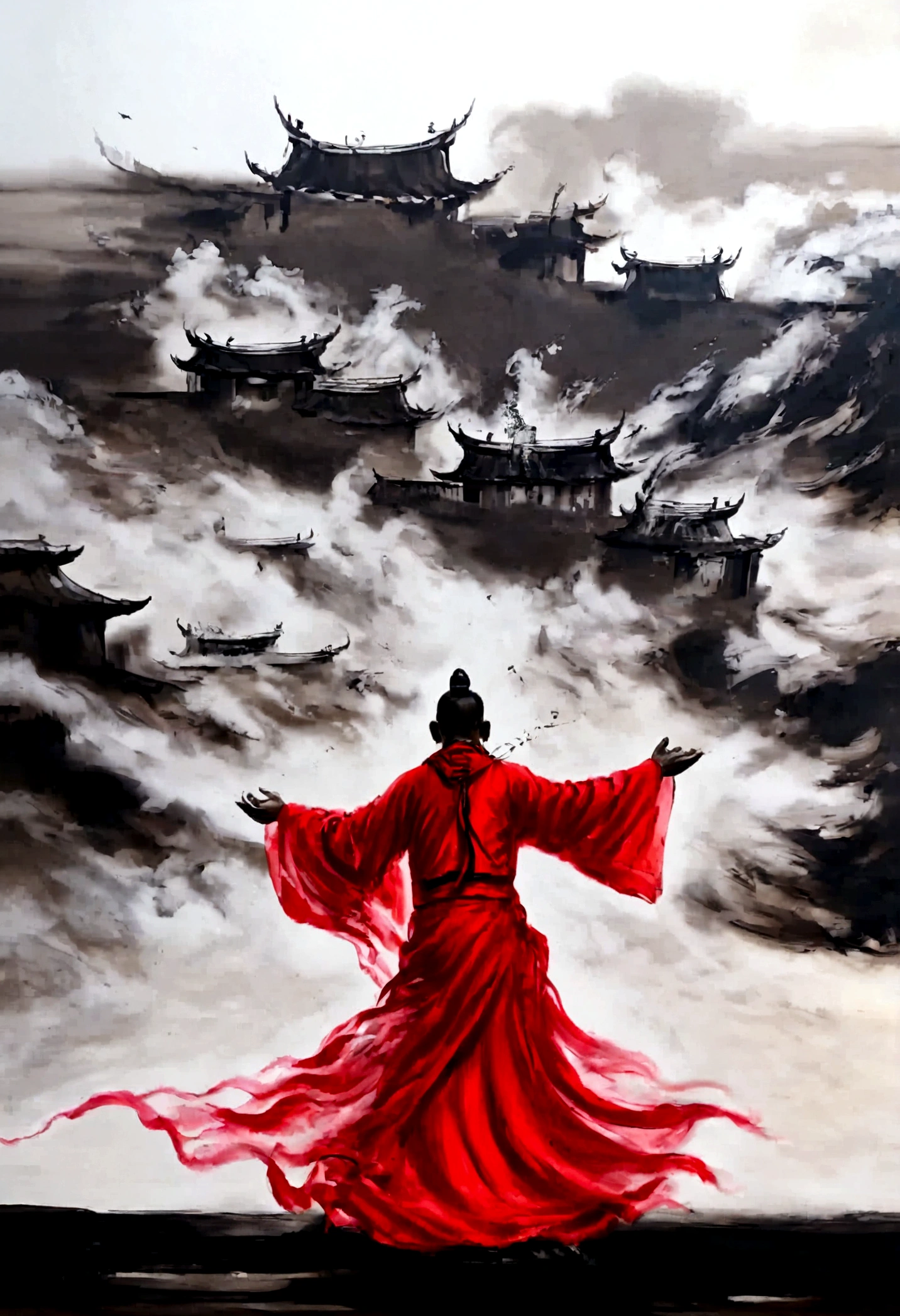 The red wall behind is like a raging fire,Monk's robes look like morning glow,Zen mind is like flying white clouds。