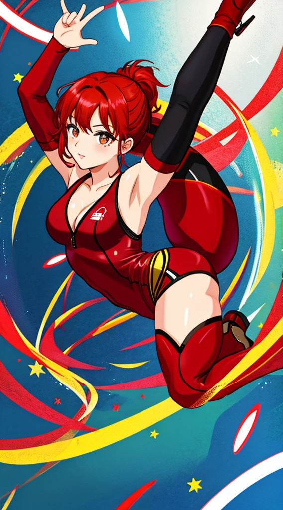 sexy girl, , tattoos, red hair, , doing splits, suit, flashy, bright, star, doing gymnastics