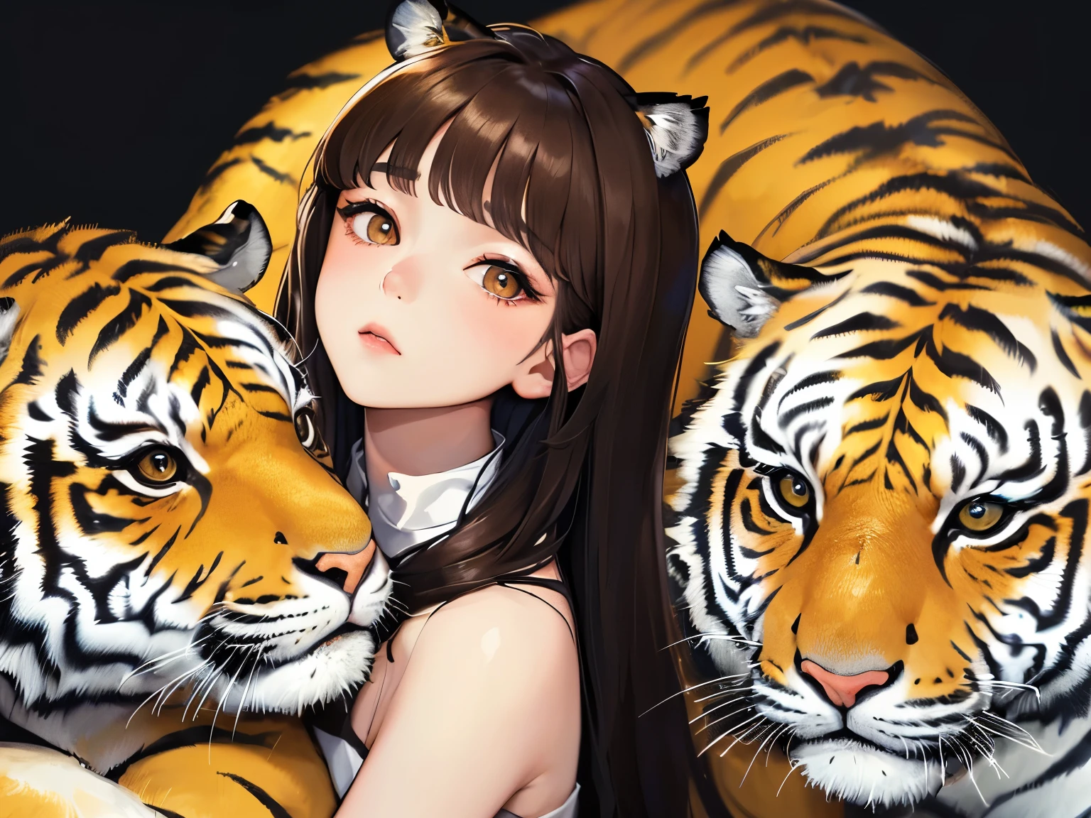 (((Looking up)))、(((Tiger ears)))、((1 person)),Masterpiece,best quality, ((Woman riding on the back of a big tiger))), ,(())、(())、((Expressionless)),determined expression, Upper body diagram、 (Highest Resolution、Clear_image)、Best Quality、Light and shadow contrast、((illumination))、Very detailed、Semi-realistic、Semi-long hairstyle、Brown Hair、bangs、19 years old、　Lady,,young、((View from top))、Delicate Facial Features