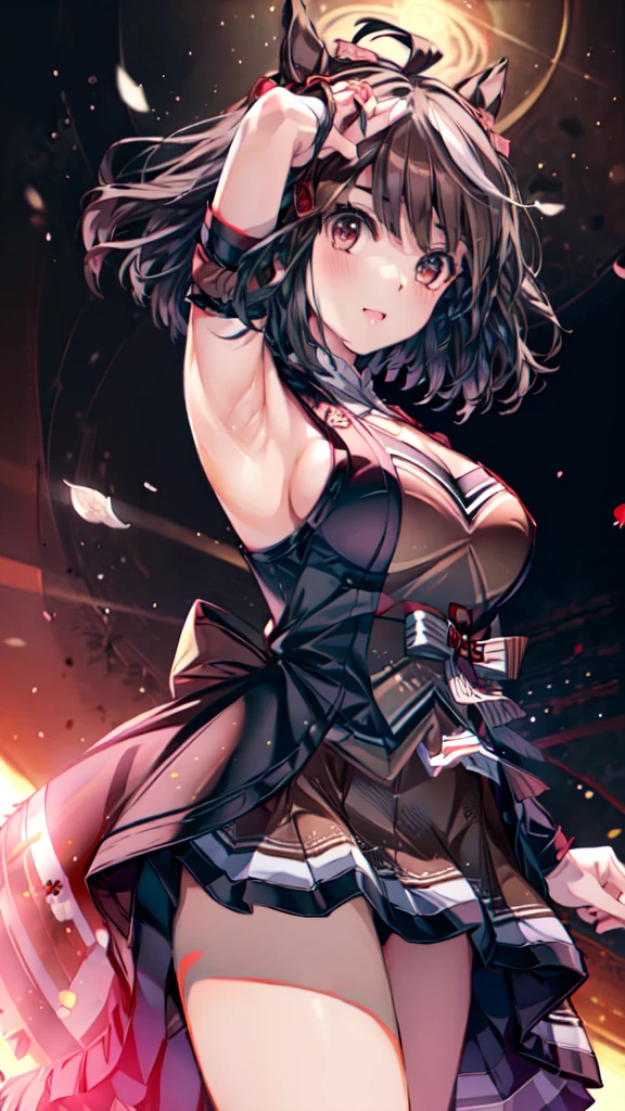 (nsfw:1.2), ((masterpiece, sidelighting, finely detailed beautiful eyes: 1.2)), ultra-detailed, ultra high res, professional lighting, high quality makeup, beautiful detailed eyes, sexy, beautiful, big eyes, drooping eye, (Live performance venue:1.3), (Kitasan Black:1.6), (middle breasts), (slender body:1.1), (brown and red japanese clothes, mini skirt:1.8), (armpit:1.5), (blush cheek, blush body:1.2), (black hair:1.2), (short hair:1.2), (horse ear:1.2), Extremely cute, (extremely detailed beautiful face), Authentic skin texture, beautiful hair, beautiful face, beautiful eyes, beautiful body, beautiful hands, (smile:1.3), standing, (face focus:1.6), (cleavage breasts focus:1.4), (armpit focus:1.4), (thigh focus:1.4), (erect nipples:1.2), (wave hand:1.3), (from below:1.1)