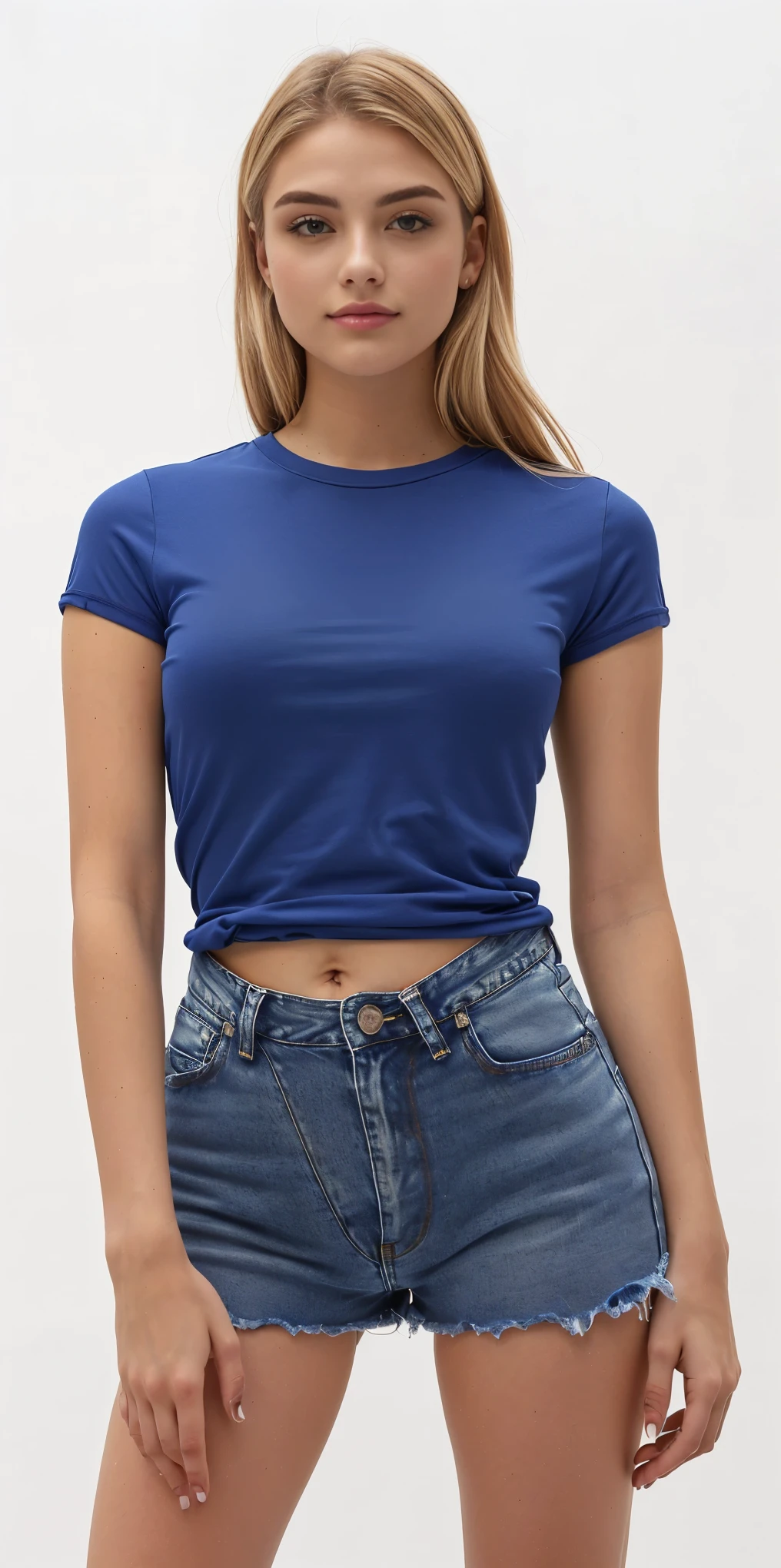 uma mulher de blusa azul e shorts jeans posando para uma foto, camiseta azul apertada, com camiseta rasgada, azul escuro shirt, corte superior, Manga curta, corte superior, azul escuro, azul-marinho, camiseta, camisa azul, usando tops curtos, usando um top cropped sexy, physicist : a menor barriga de todos os tempos, camisa apertada