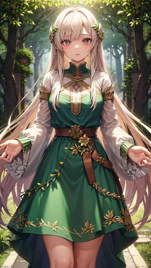 1girl, earthy, standing, verdant thicket, ((elemental vines:0.9, earthy tones)), green skin, verdant plants growing from hair, ((glowing leaves:0.7)), soft leaves scattered around her, mystical aura, (overgrown terrain), (ground-level shot), facial expression: serene, hand resting on a blooming flower stem, fingers intertwined with the stem, ((perfectly manicured nails)), facial hair: wavy lines, subtle foliage patterns on skin, background: earthy tones, soft focus