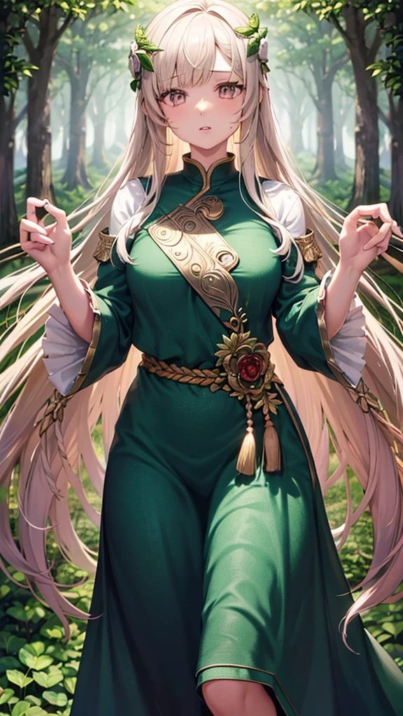 1girl, earthy, standing, verdant thicket, ((elemental vines:0.9, earthy tones)), green skin, verdant plants growing from hair, ((glowing leaves:0.7)), soft leaves scattered around her, mystical aura, (overgrown terrain), (ground-level shot), facial expression: serene, hand resting on a blooming flower stem, fingers intertwined with the stem, ((perfectly manicured nails)), facial hair: wavy lines, subtle foliage patterns on skin, background: earthy tones, soft focus