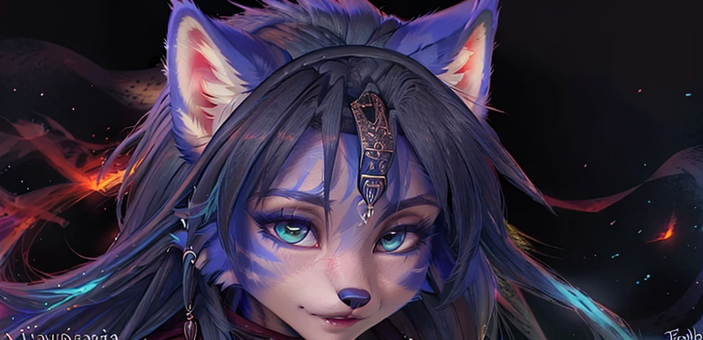 A beautiful and detailed (sweet portrait) von ((Krystal)), Sternenfuchs Krystal, Schlank, liebenswert, green eyes, medium breasts, (((Lange blaue Haare 1.3))), ((schwarze haarspitzen)), Dekollete, Grinsen, hoch schauen,, anthro, Pelzig, Hochgeladen E621, detailed flauschige fur, (von Fluff-Kevlar, Bayard Wu, Personalami, Pino Daeni), detailliertes Gesicht, (flauschige), 1 girl, Allein, sweet girl, solo, liegend auf einer wiese
