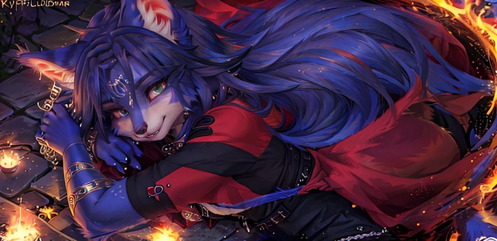 A beautiful and detailed (sweet portrait) von ((Krystal)), Sternenfuchs Krystal, Schlank, liebenswert, green eyes, medium breasts, (((Lange blaue Haare 1.3))), ((schwarze haarspitzen)), Dekollete, Grinsen, hoch schauen,, anthro, Pelzig, Hochgeladen E621, detailed flauschige fur, (von Fluff-Kevlar, Bayard Wu, Personalami, Pino Daeni), detailliertes Gesicht, (flauschige), 1 girl, Allein, sweet girl, solo, liegend auf einer wiese