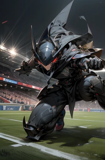 mechanic style, super fine illustration, highly detailed, dynamic angle, beautiful detailed, 8k, At night, in an illuminated fired soccer stadium, the pitch covered in 金属, BREAK a soccer match is taking place. BREAK A robot player, contending with an opponent, attempts a heading with a desperate expression. BREAK The soccer ball is in the air.{masterpiece},{best quality},{best detailed},{coolest},human_no,Angels and Demons,end of the century,Blue Sky,{battle scene}