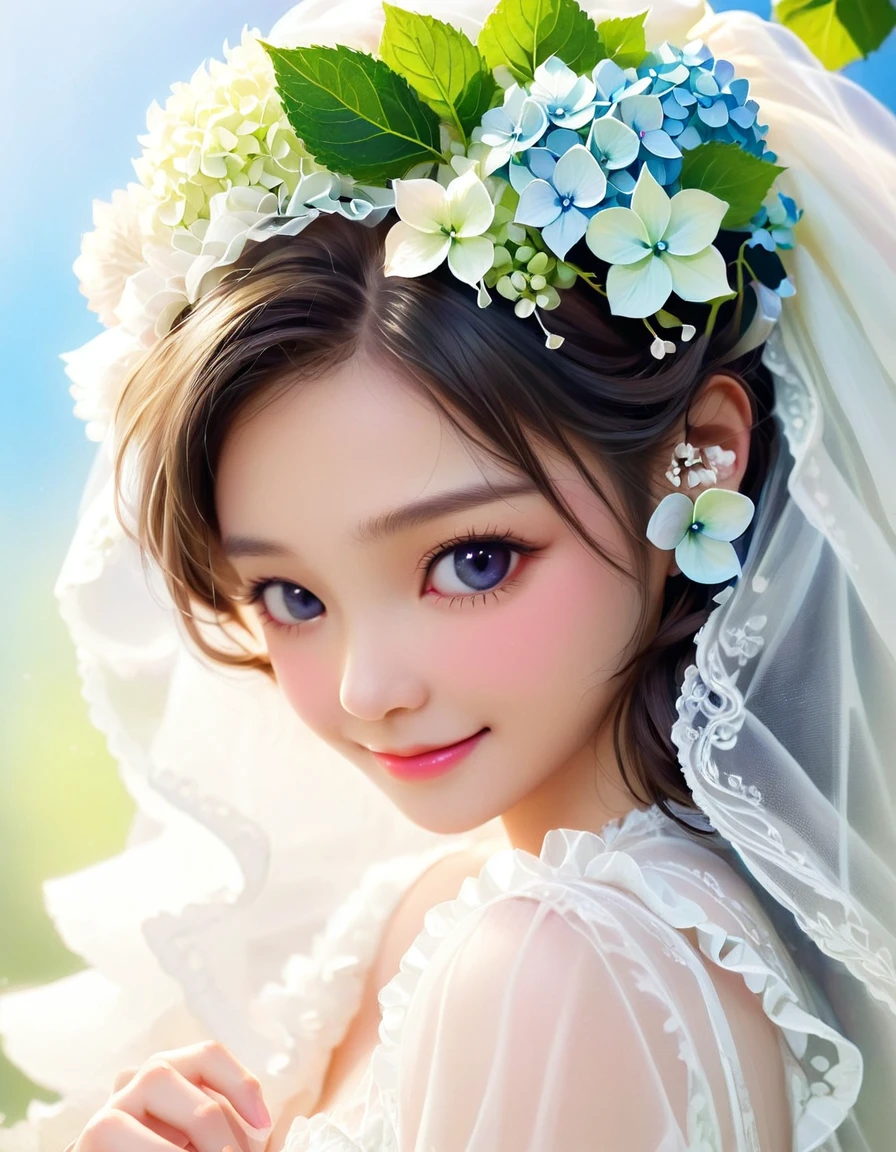 from side, close up face, smile, frilly long sleeves, white lace veil, kawaii, The bride is dressed in a white wedding dress, and her cheeks are flushed with happiness. Her profile exudes a quiet beauty, and a vibrant hydrangea flower is added to her ear. The petals of the hydrangea enhance the elegance of the bride, and its color symbolizes her happiness. This scene celebrates pure love, happiness, and a new beginning.
