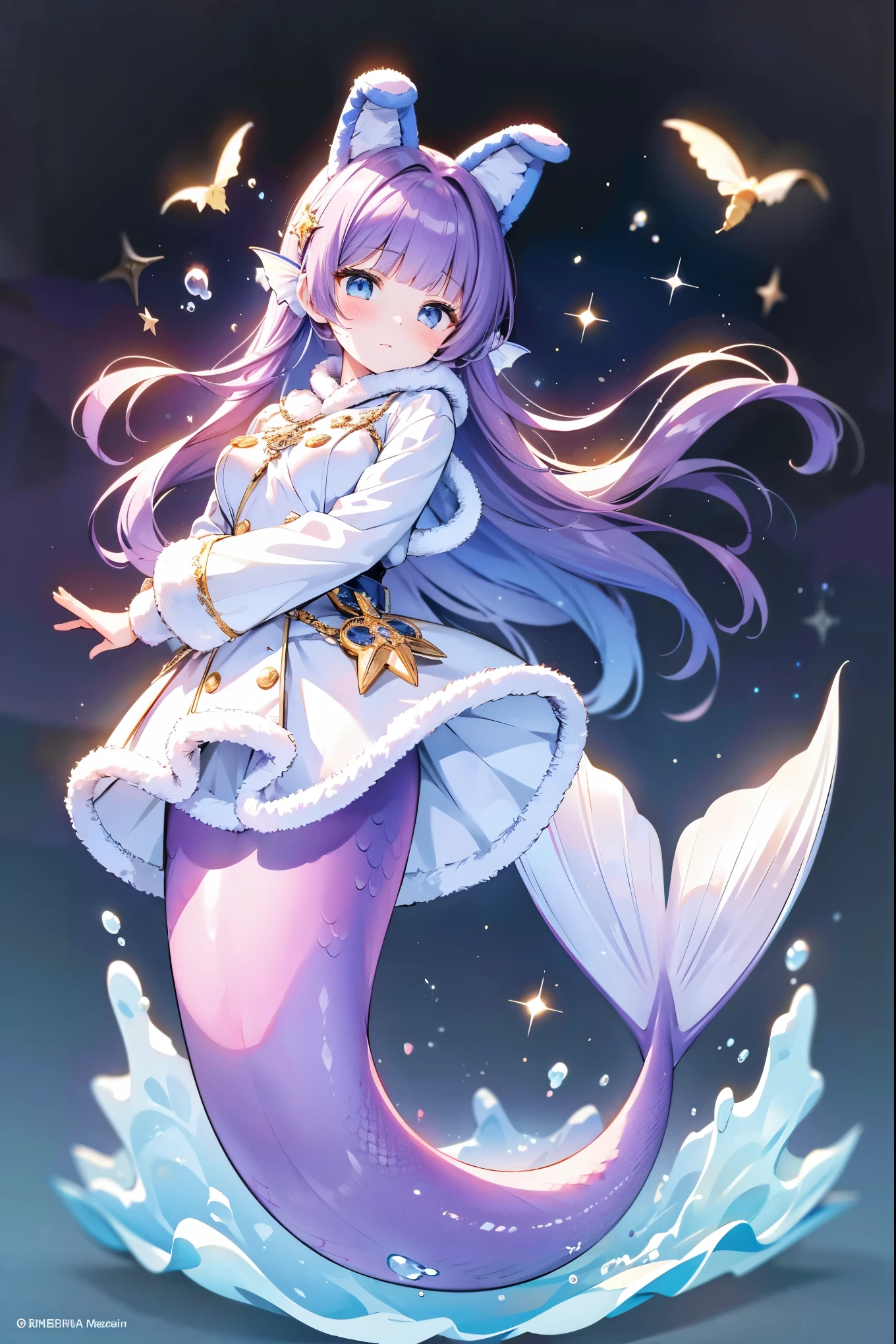 masterpiece, best quality,(perfect five fingers,Four fingers and a thumb in optimal proportions),A girl,Large Breasts,Hair accessories,White sweater,White coat,Fur trim,Winter Clothing,Long sleeve,Fake animal ears,Head fin,Mermaid,紫色的Mermaid尾巴,Tashkent,Purple Hair,blue eyes,long hair,Bangs,full-body shot,seabed,Underwater,Sea view