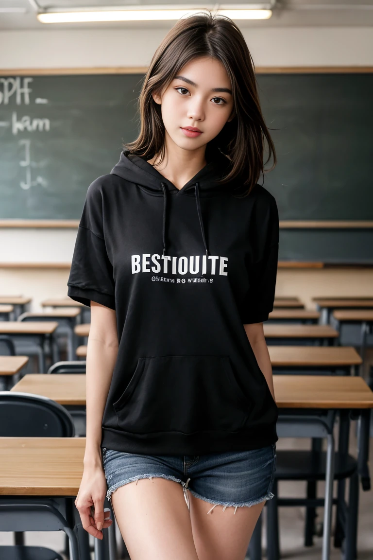 (best quality,realistic,ultra-detailed),a sexy and slim 18-year-old French brunette woman in black short sleeve hoodie, visible leg,classroom,short en jean