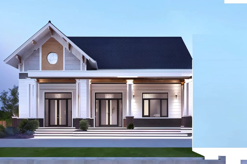 a rendering of a house with a porch and a porch, exterior design, overall architectural design, arhitectural shot, complete house, front elevation view, beautifully detailed render, concept house, inter dimensional villa, architectural rendering, residential design, front view dramatic, one house, wide establishing shot, neotraditional modern, luxurious wooden cottage, professional render, high quality rendering