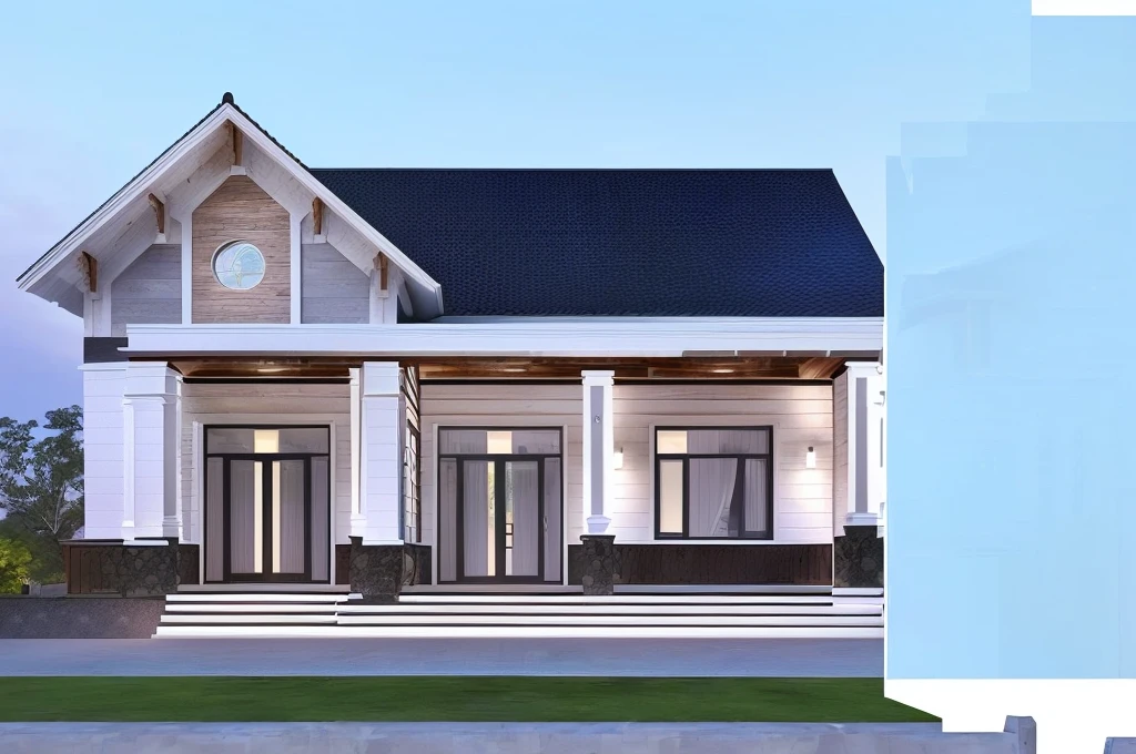 a rendering of a house with a porch and a porch, exterior design, overall architectural design, arhitectural shot, complete house, front elevation view, beautifully detailed render, concept house, inter dimensional villa, architectural rendering, residential design, front view dramatic, one house, wide establishing shot, neotraditional modern, luxurious wooden cottage, professional render, high quality rendering