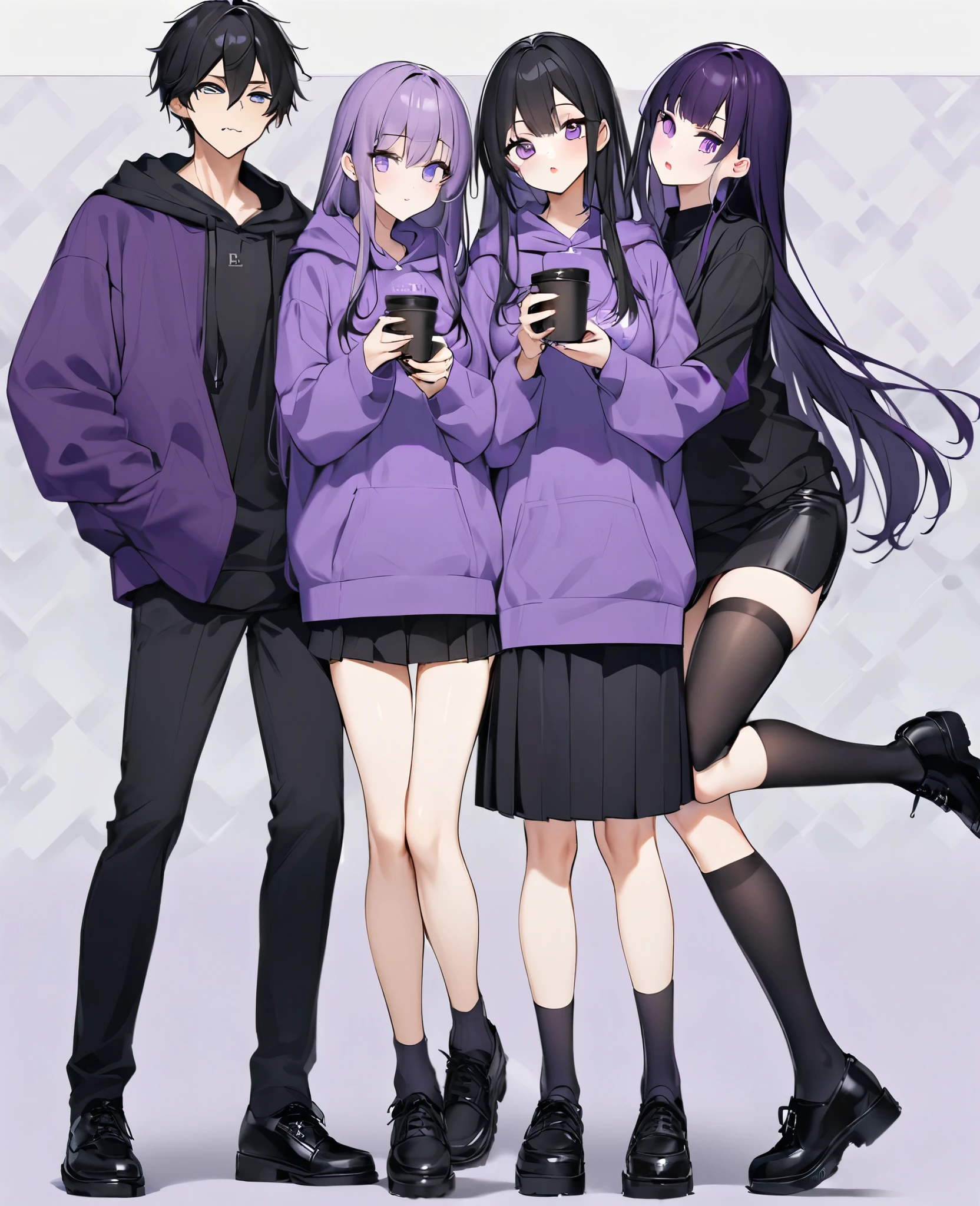 In a purple hoodie、Wearing a black short skirt、Wearing black socks、wearing black shoes。hair is black、Purple eyes。Breasts are K cup。The skin is white and、Long hair。Has one brother and one sister。My sister has an E cup。All in purple hoodies。All hair is black。My brother is wearing black pants.。