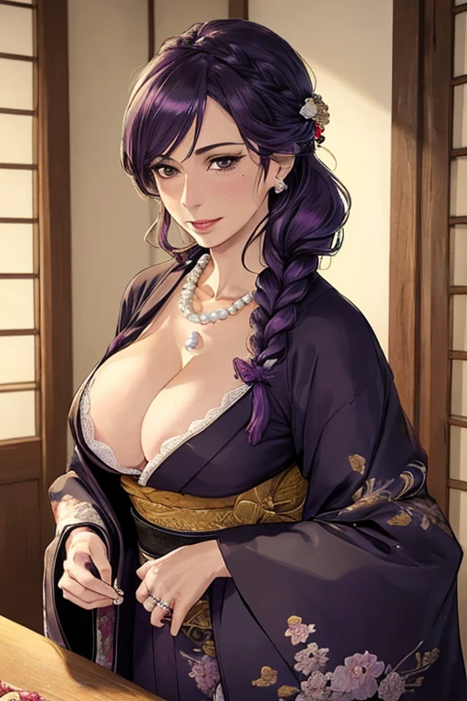 best quality,highly detailed,masterpiece,ultra-detailed,illustration,
1girl,solo,pearl necklace,wedding ring,
(mature female,female pervert,milf,30-years-old:1.3),pearl necklace,wedding ring,
dark purple hair, long hair,braid, 1mole near the mouth,(black kimono:1.3), japanese clothes,long sleeves,large breasts, cleavage, sexy,
Charismatic,Compassionate,Steadfast,Independent,Intellectual,Sensual,